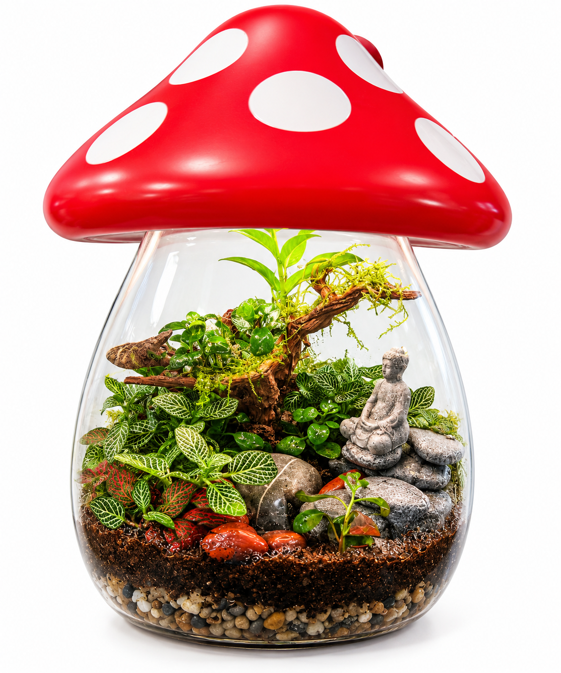 Mushroom Terrarium with Live Plants & Buddha Decoration ā Handcrafted Mini Garden