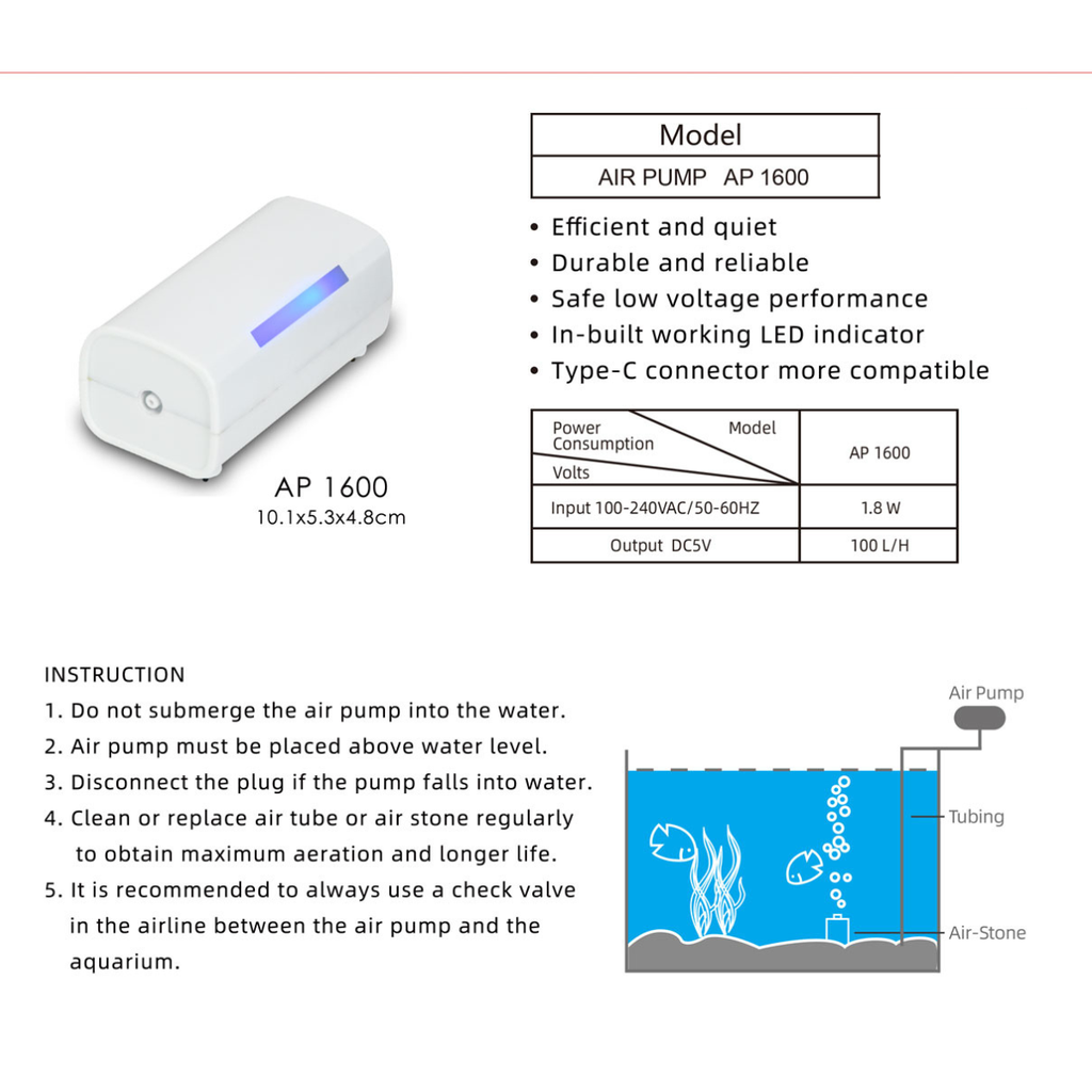 KW Zone Silent Air Pump Without Adapter-AP1600
