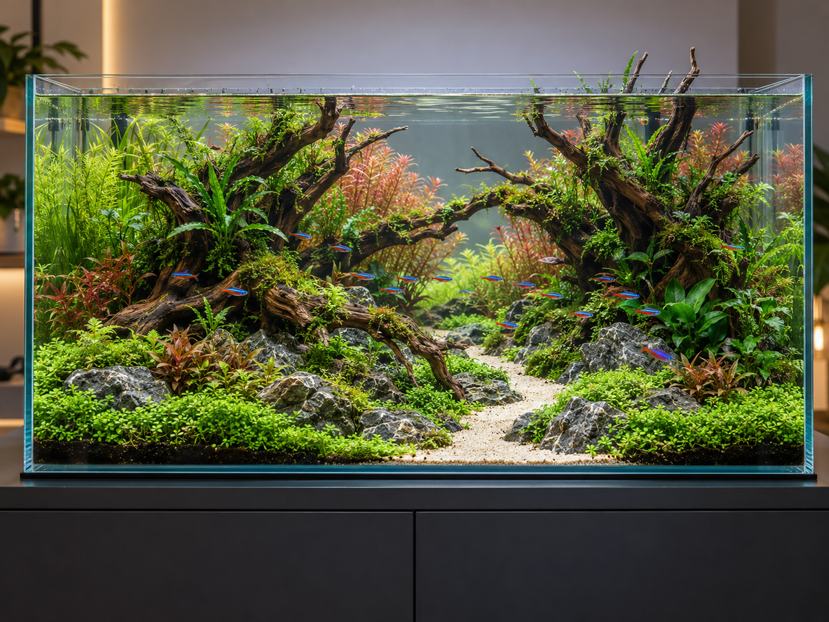AI-generated aquascaping concept with lush plants, driftwood and neon tetras