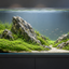 AI-generated Iwagumi aquascaping concept with sculptural rocks and green carpet plants