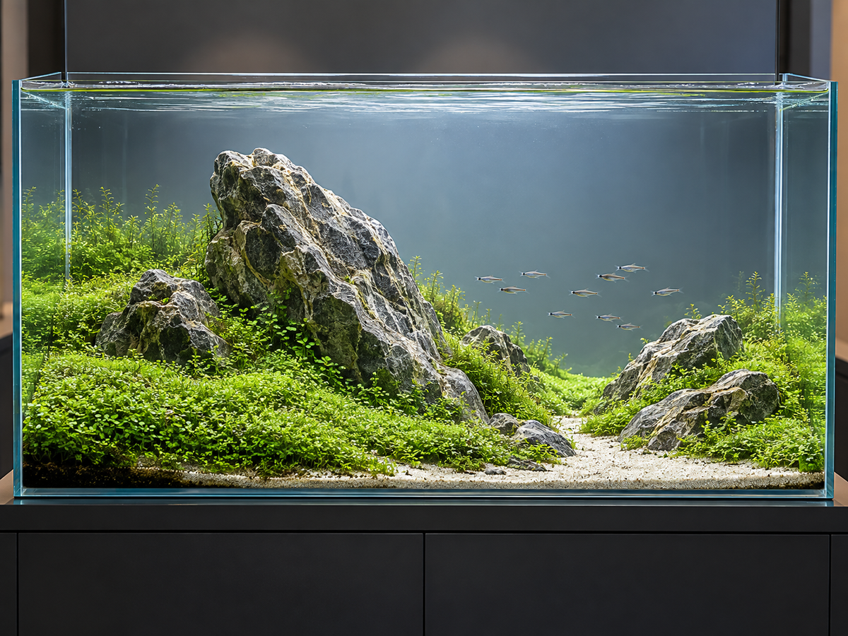 AI-generated Iwagumi aquascaping concept with sculptural rocks and green carpet plants