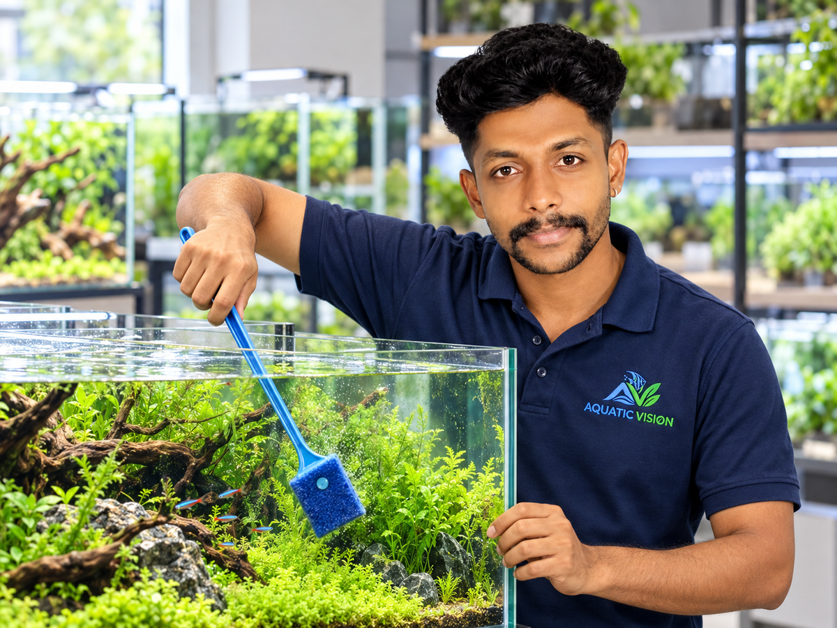 Gokul in Aquatic Vision uniform maintaining a planted aquarium