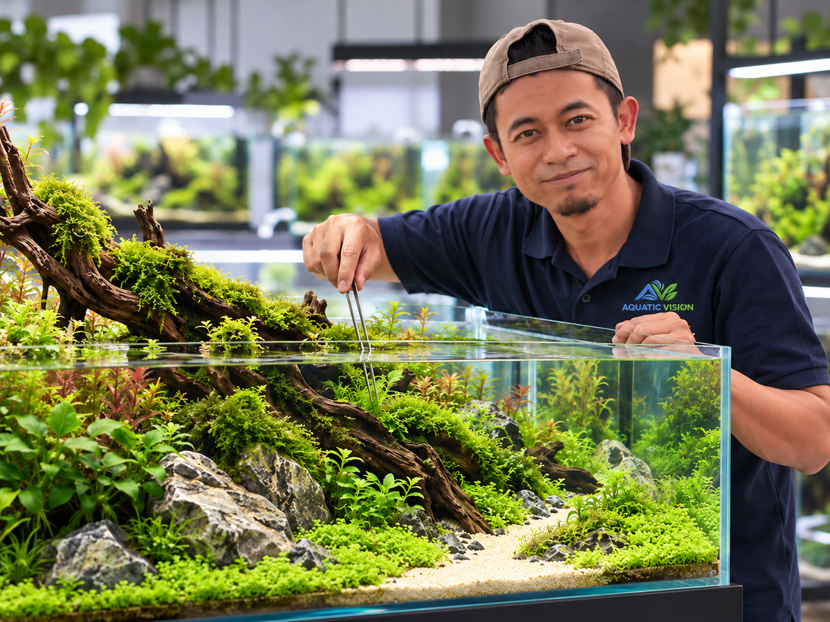 Nasru from Aquatic Vision arranging a lush planted aquarium