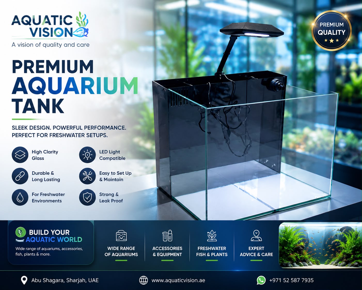 Crystal clear Glass Aquarium with Tempered polish and Sumb filter with Led light 50cm