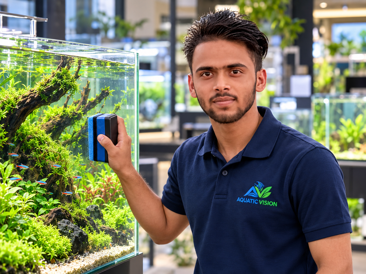 Samir in Aquatic Vision uniform maintaining a planted aquarium
